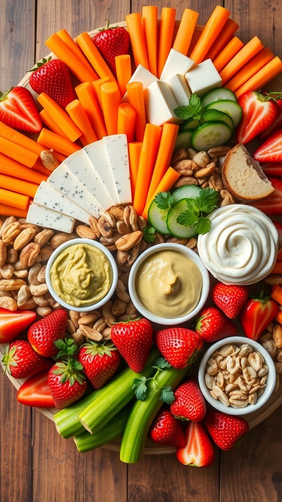 A colorful snack board with fruits, vegetables, cheeses, and dips on a rustic wooden table.